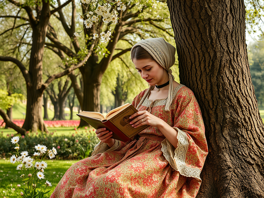 Девушка в традиционном платье читает книгу, сидя у дерева на фоне цветущего парка.