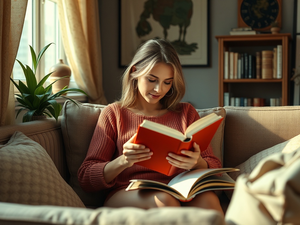 Девушка читает книгу на диване, уютная атмосфера, солнечный свет и растительность вокруг.