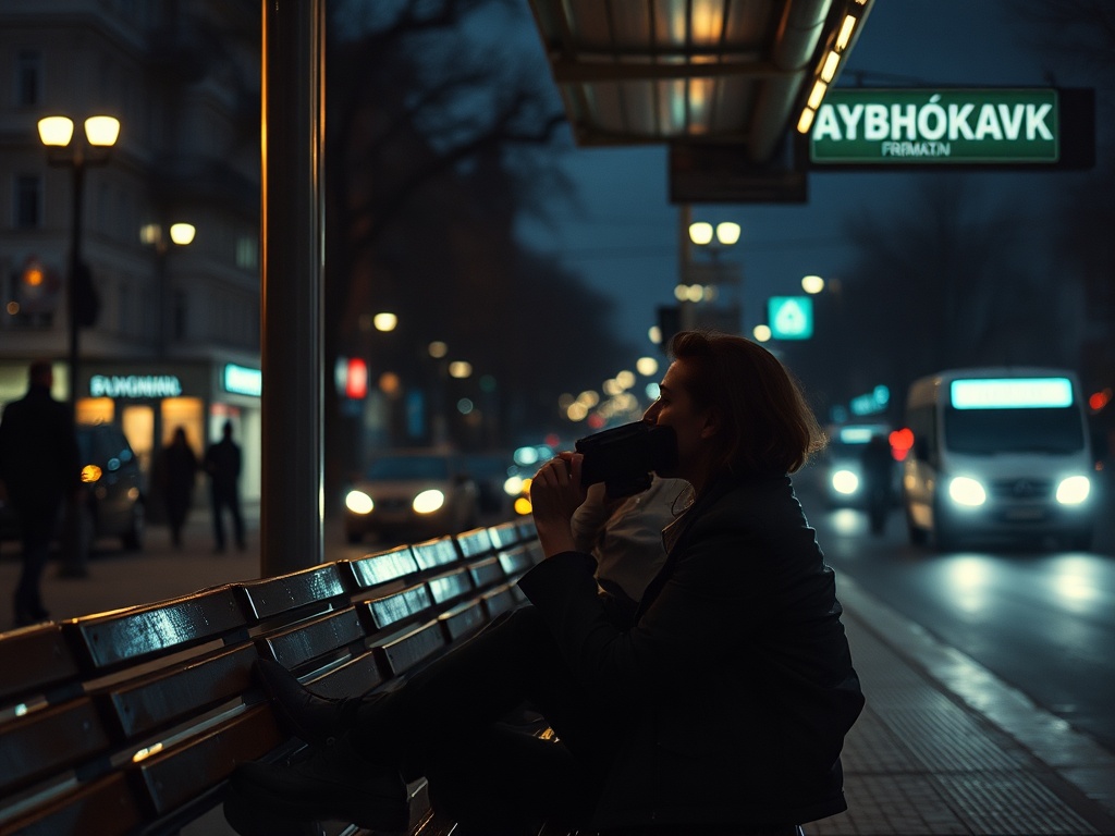 Человек сидит на скамейке в темное время суток, держа в руках телефон, на улице движутся автомобили.