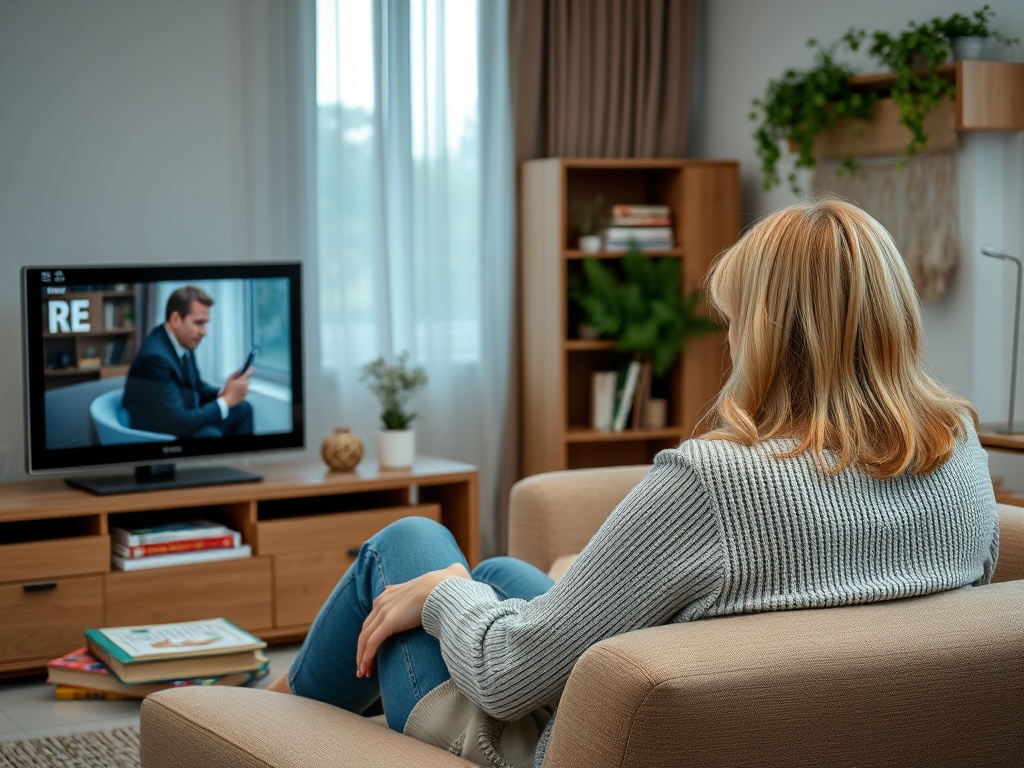 Женщина сидит на диване и смотрит телевизор, где мужчина в костюме использует смартфон.