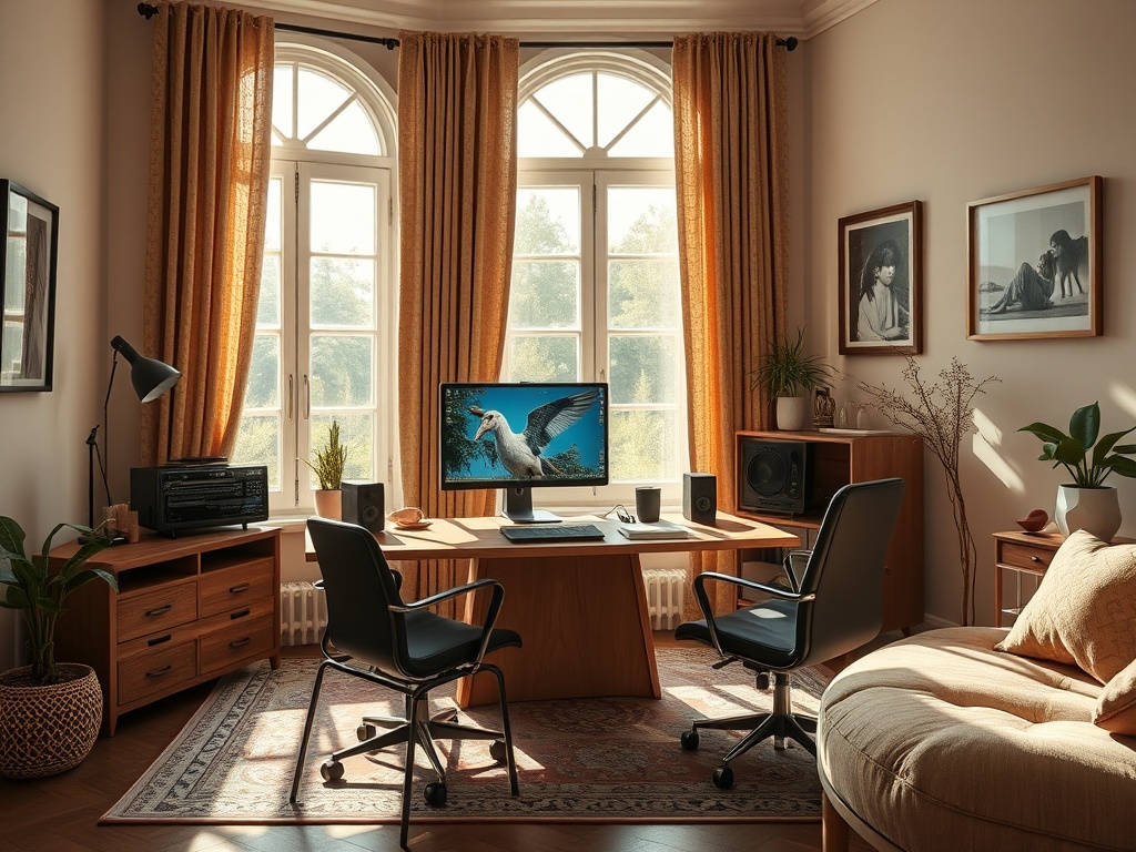 Современный офис в уютной комнате с большими окнами, растениями и деревянной мебелью.