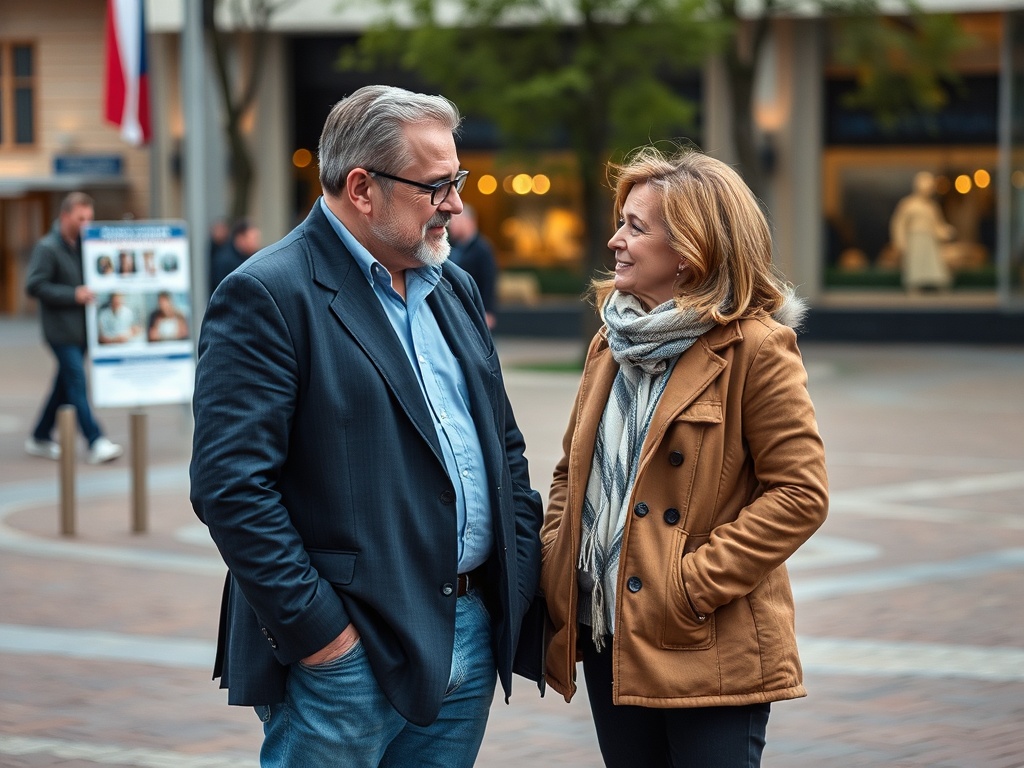На улице два человека беседуют, мужчина в костюме, женщина в куртке. Вдали видны люди и вывески.