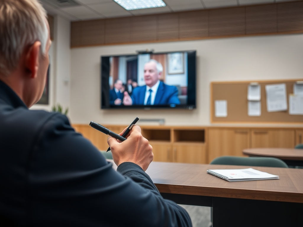 На изображении человек, смотрящий видео на экране в офисе, с ручкой в руках и блокнотом на столе.