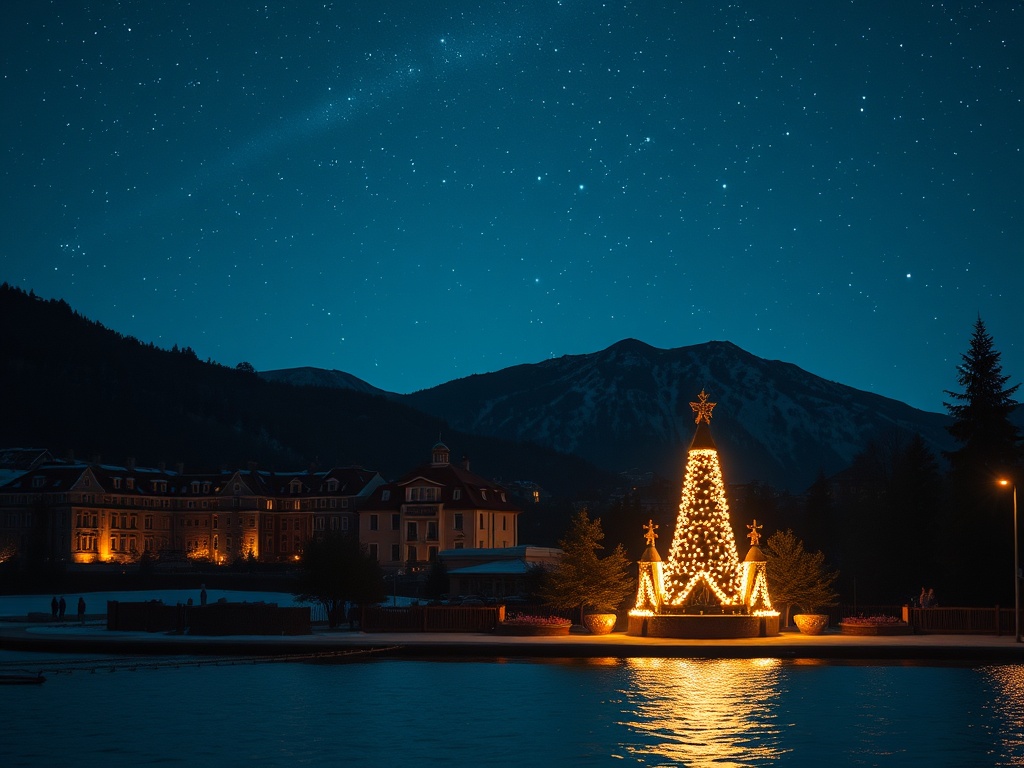 В ночном пейзаже освещенная рождественская елка на фоне гор и звездного неба.