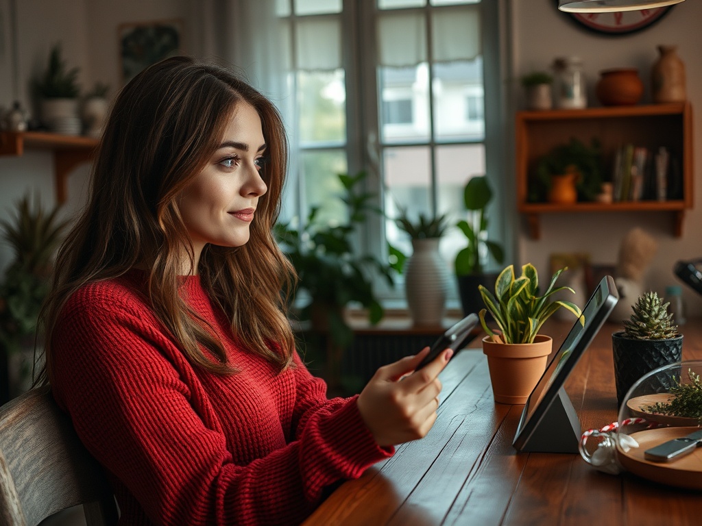 Девушка в красном свитере сидит за столом, смотрит на планшет и держит телефон в руках. Вокруг зелёные растения.