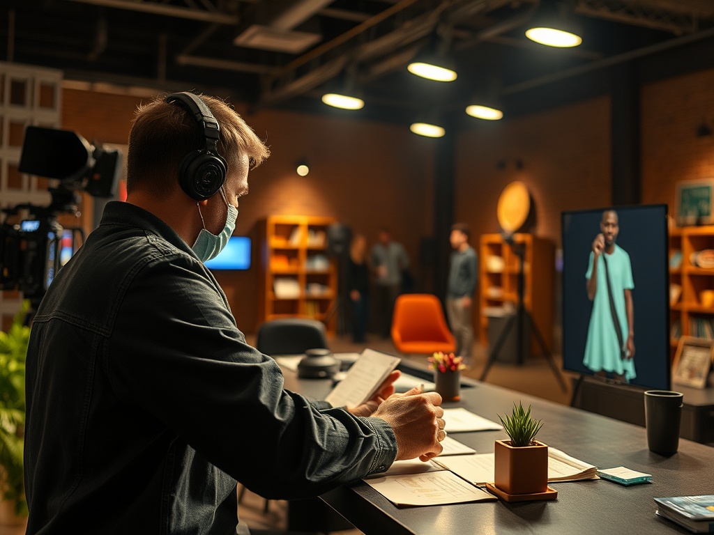 Человек с наушниками работает за столом, наблюдая за трансляцией на экране. В комнате таблички и растения.