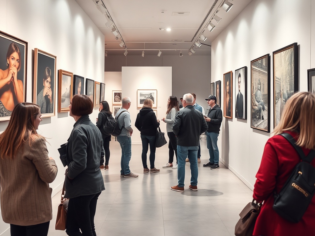Посетители изучают картины в художественной галерее, обсуждая выставленные работы.