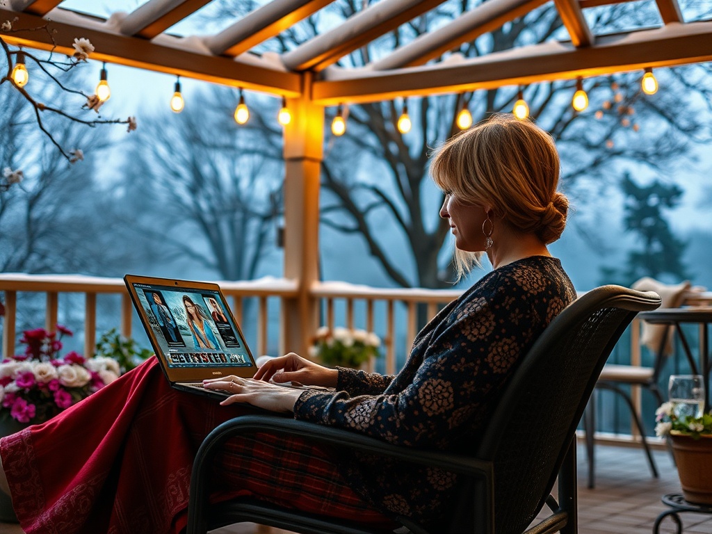 Женщина сидит на веранде с ноутбуком, наслаждаясь вечерним спокойствием и уютом.