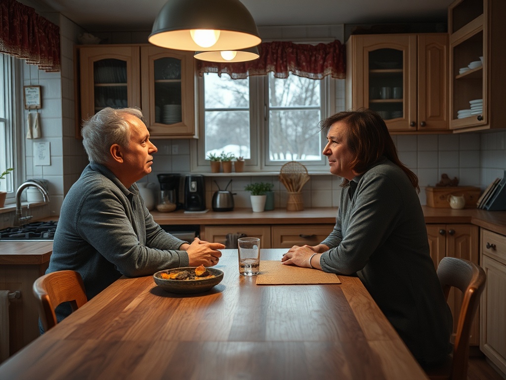 Два человека сидят за столом в кухне, обсуждая что-то важное. Тихая атмосфера, их выражения сосредоточены.