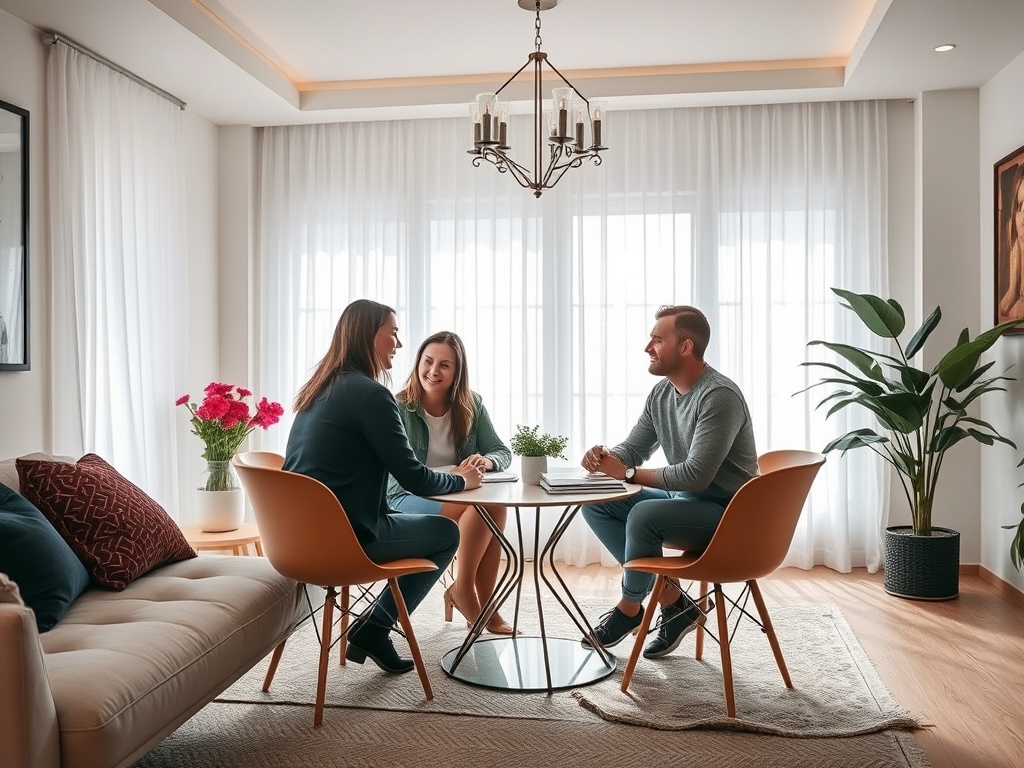 На изображении три человека сидят за столом в светлой комнате, обсуждая что-то дружелюбно.