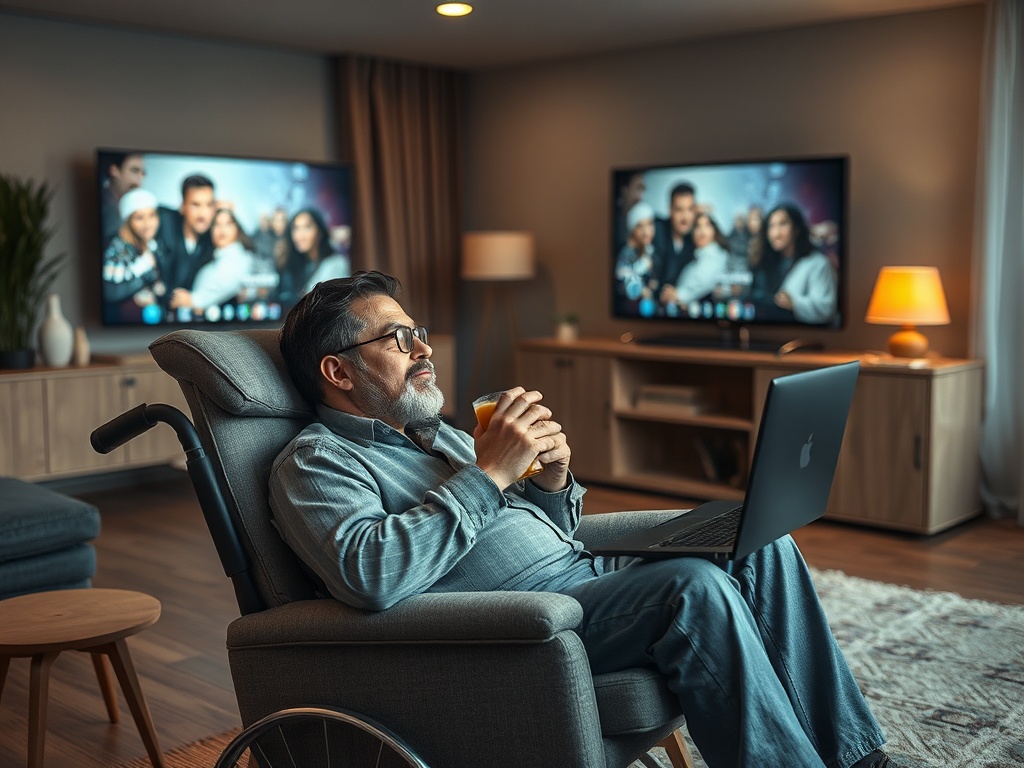 Мужчина в инвалидной коляске сидит с ноутбуком в уютной комнате, на заднем плане телевизоры с изображениями.