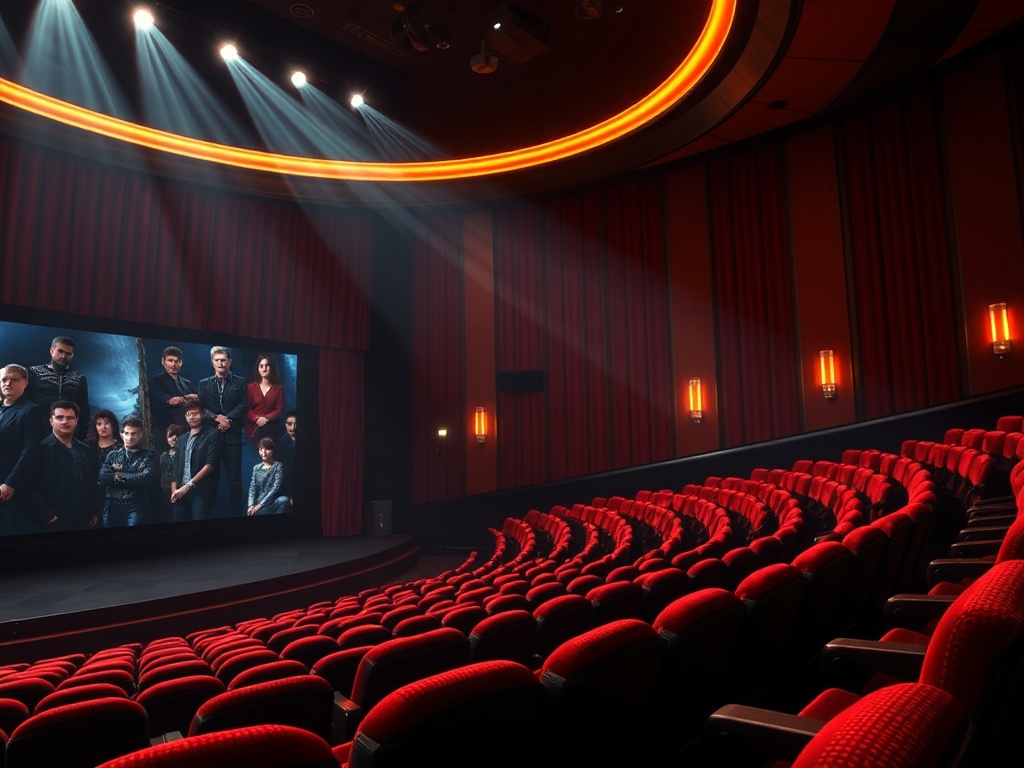 Современный кинотеатр с красными креслами и экраном, на котором изображена группа людей.