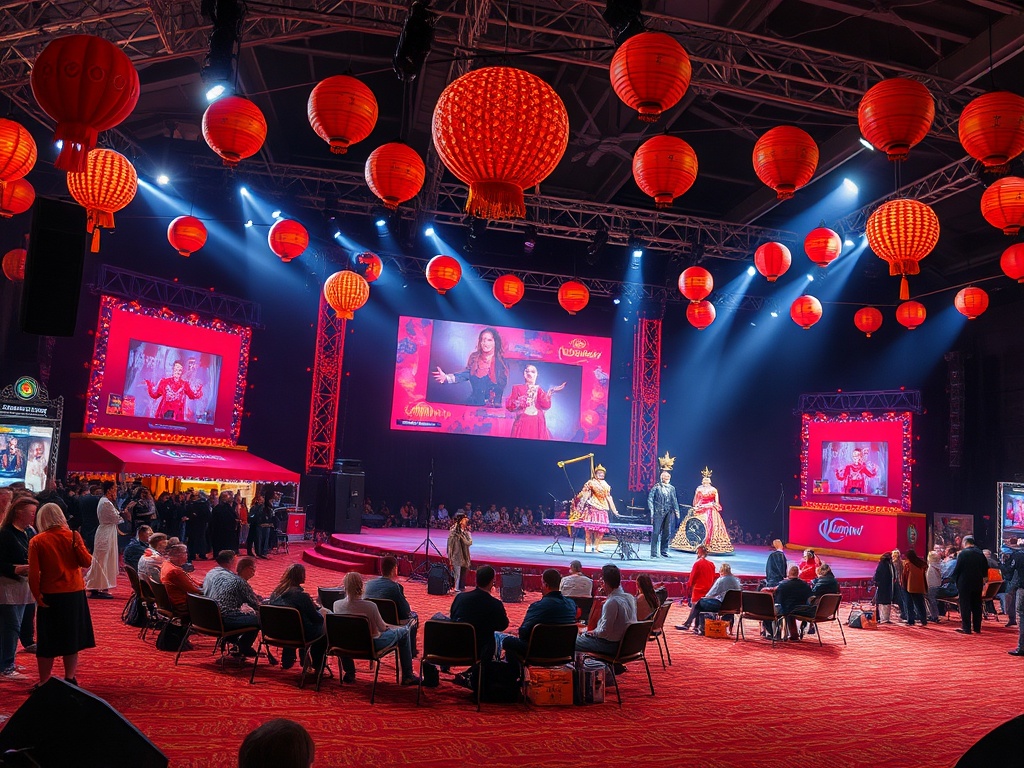 На сцене проходит зрелищное мероприятие с культурными выступлениями, украшенное красными фонарями.