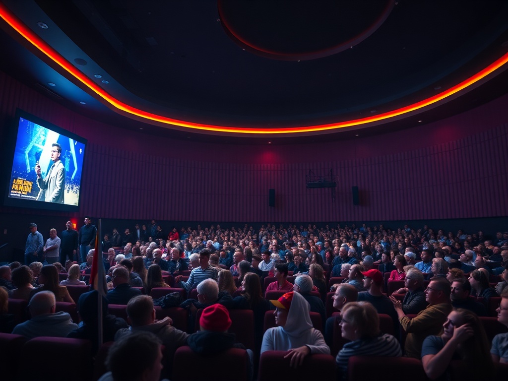 Заполненный зал кинотеатра с экраном, показывающим комедийное выступление. Люди увлечены просмотром.
