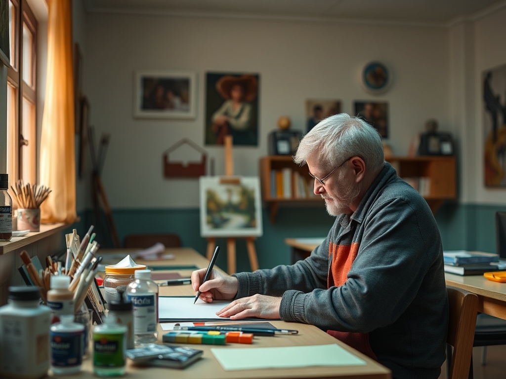 Старший человек рисует в светлой мастерской, окружённой художественными принадлежностями и картинами.