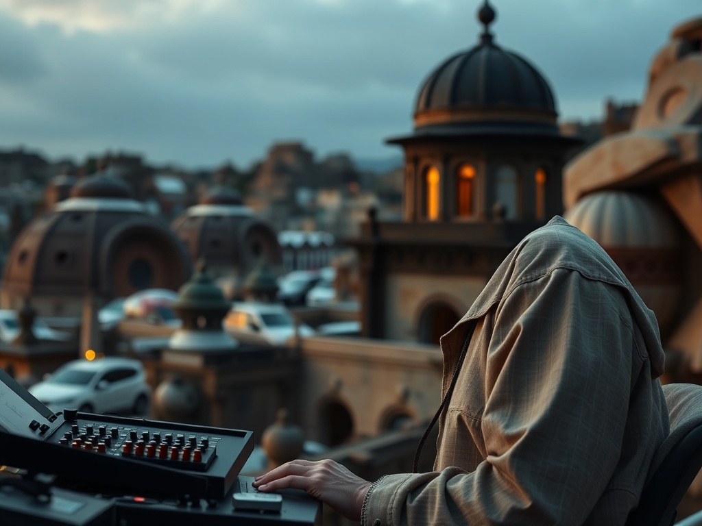 На фоне городского пейзажа человек без головы управляет техникой. Небо облачное и мрачное.