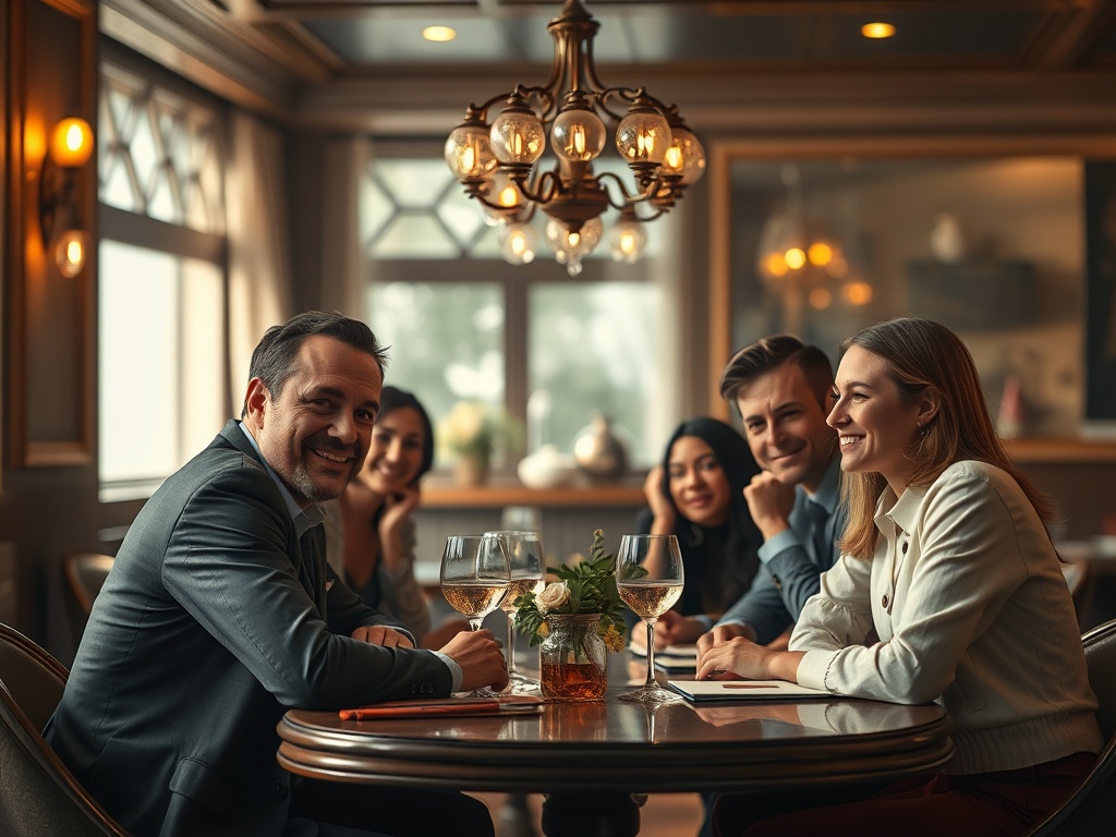 Группа друзей сидит за столом в ресторане, наслаждаясь общением и бокалами вина.