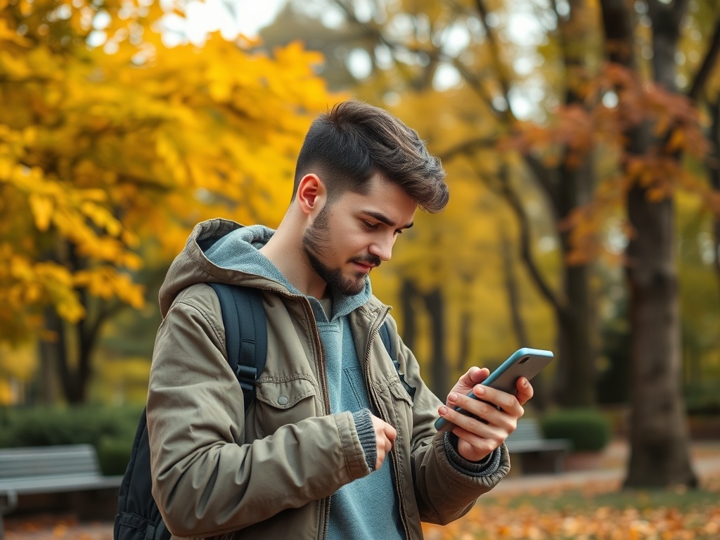 Молодой человек с телефоном на фоне осенних деревьев, одетый в куртку и рюкзак.