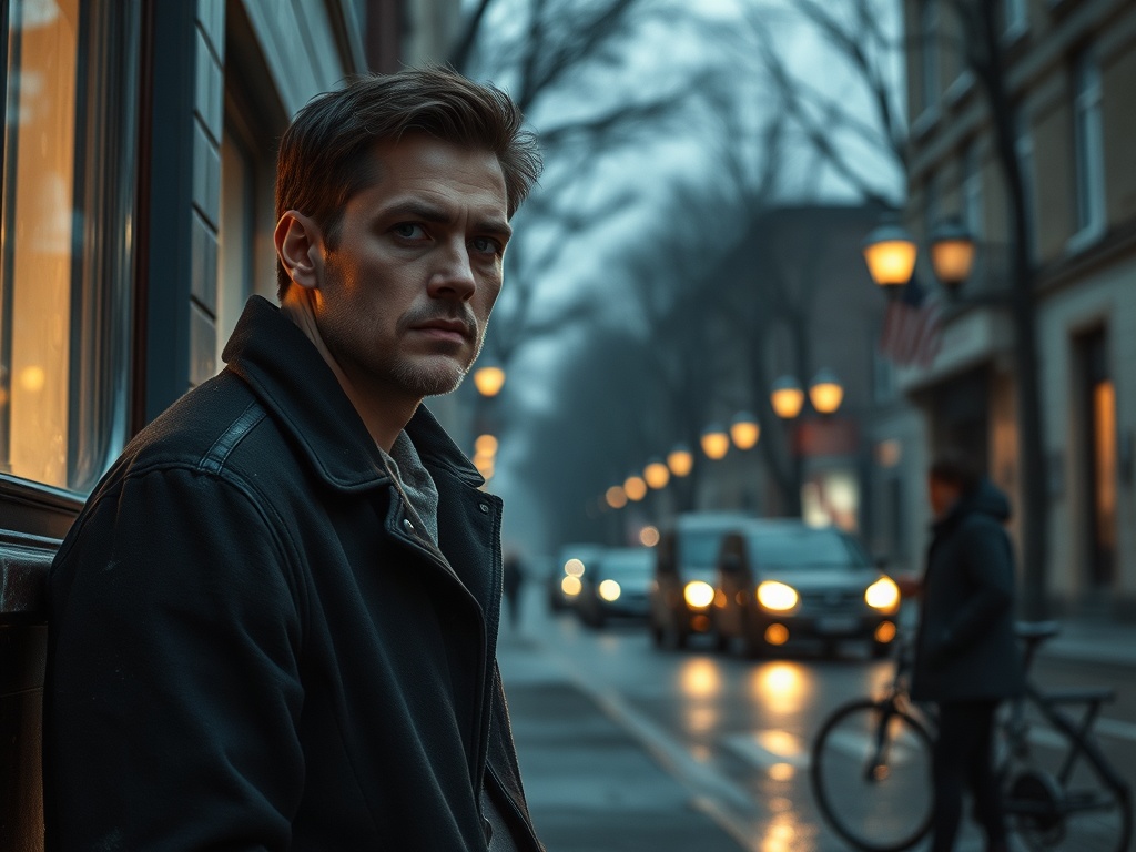 На улице вечер. Молодой человек с серьезным выражением лица смотрит вдаль, вокруг гаснут огни.