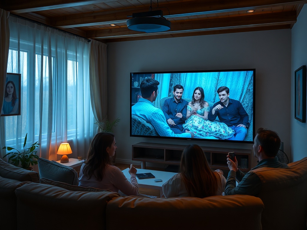 Компания друзей смотрит телевизор в уютной комнате с мягким освещением и украшениями на стенах.