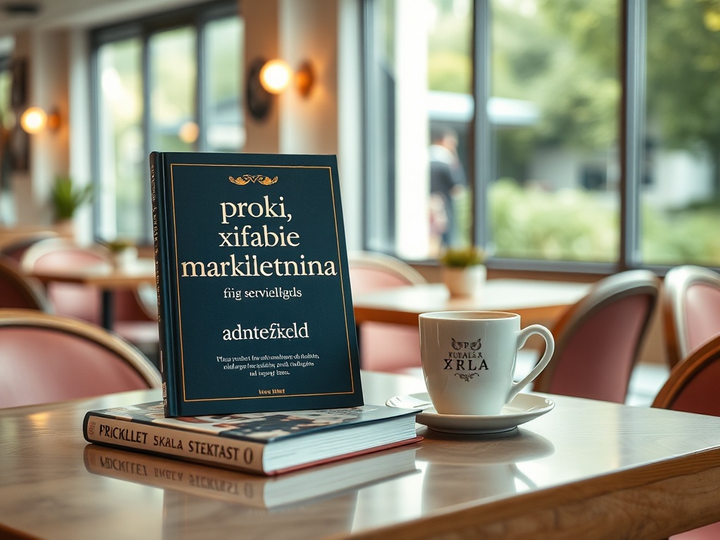 На столе в кафе лежит книга и чашка кофе, уютная обстановка с большими окнами.