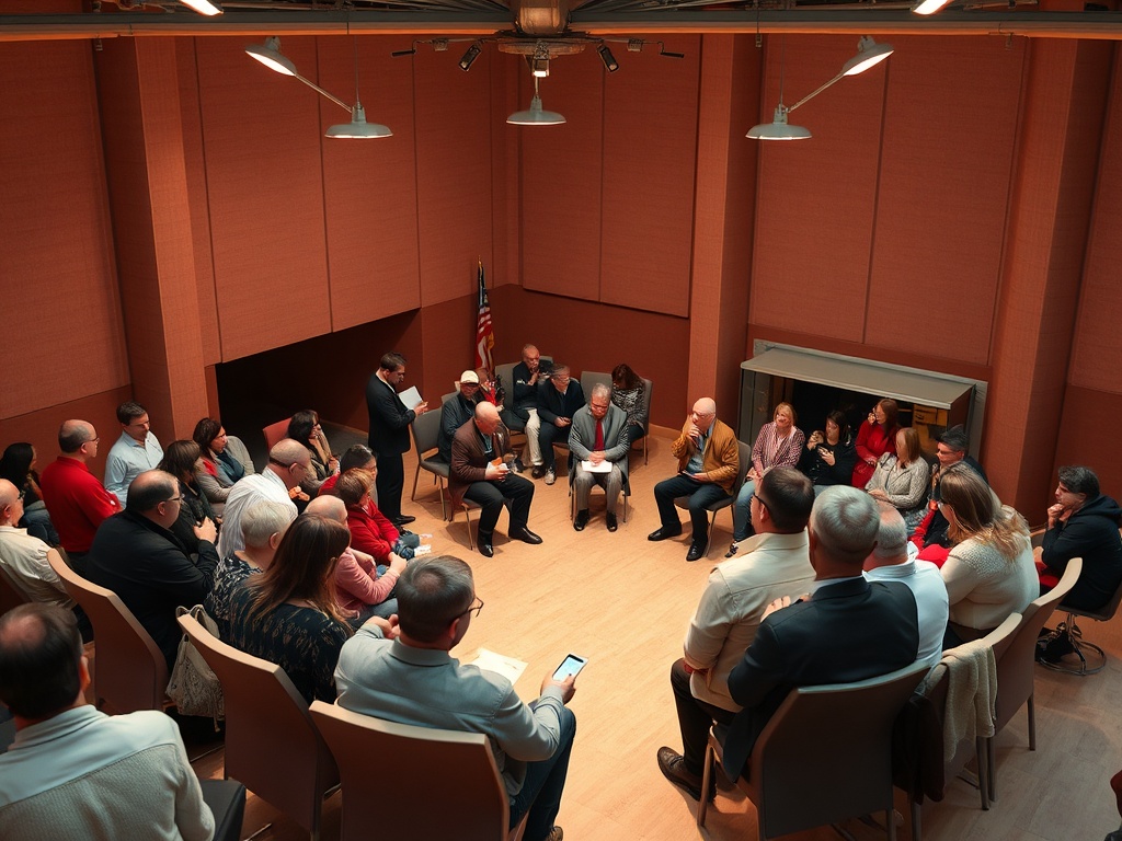 Группа людей обсуждает темы в круглом зале, сидя на стульях и слушая друг друга.