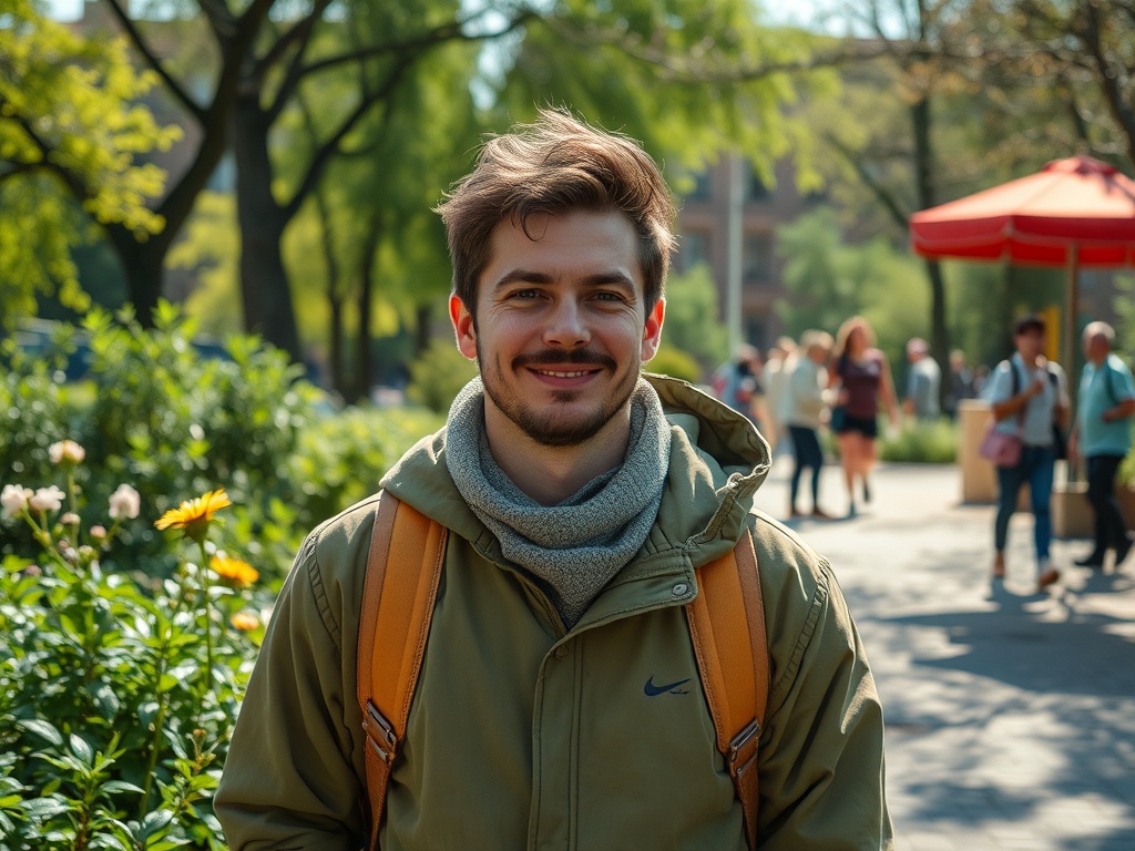 Молодой человек с каштановыми волосами и улыбкой на фоне парка в солнечный день. Зеленые деревья и цветы.