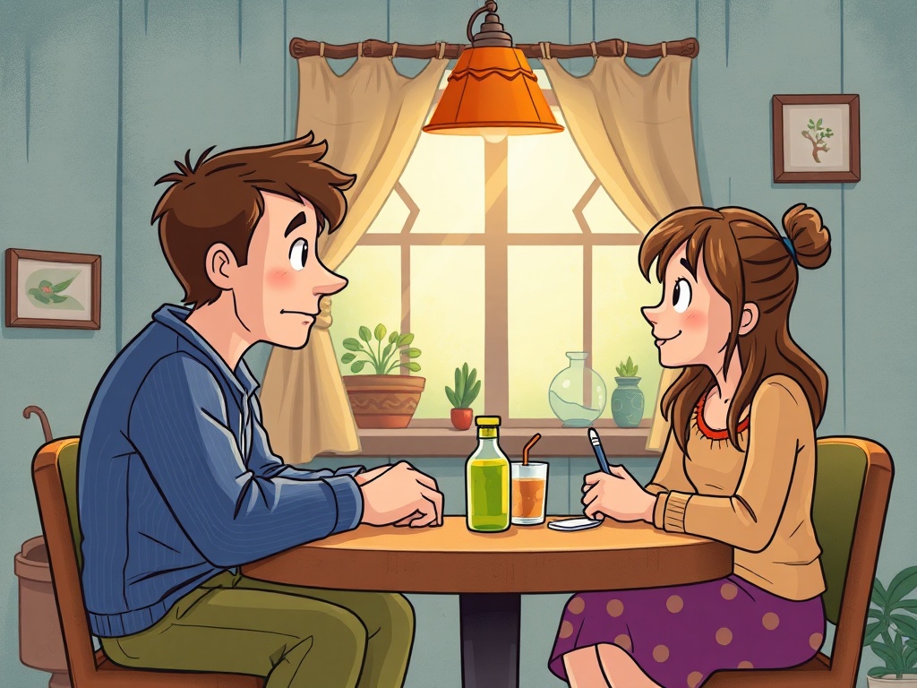 Два человека сидят за столом в кафе, беседуют. На столе напитки и карандаш. Светит лампа, уютная атмосфера.