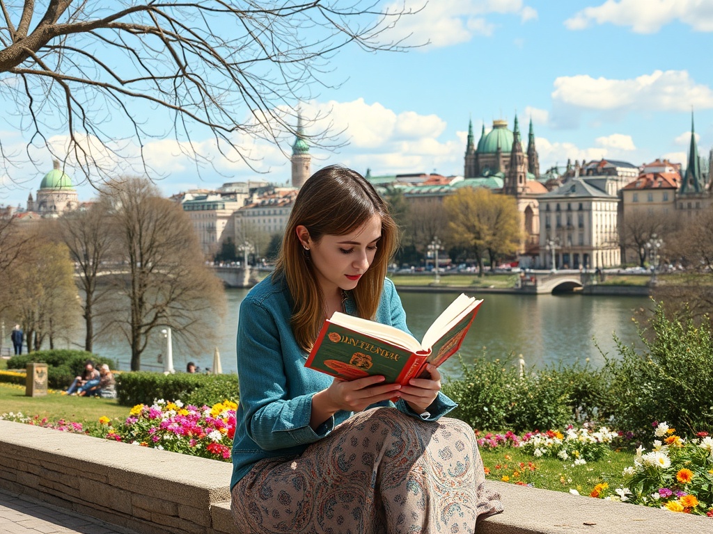 Девушка в синем жакете читает книгу на фоне реки и города с зелеными куполами и красивыми зданиями.