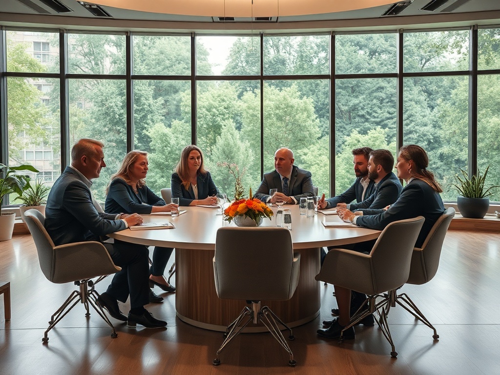 Группа людей в деловых костюмах на собрании в современном офисе с большими окнами и зеленью за ними.