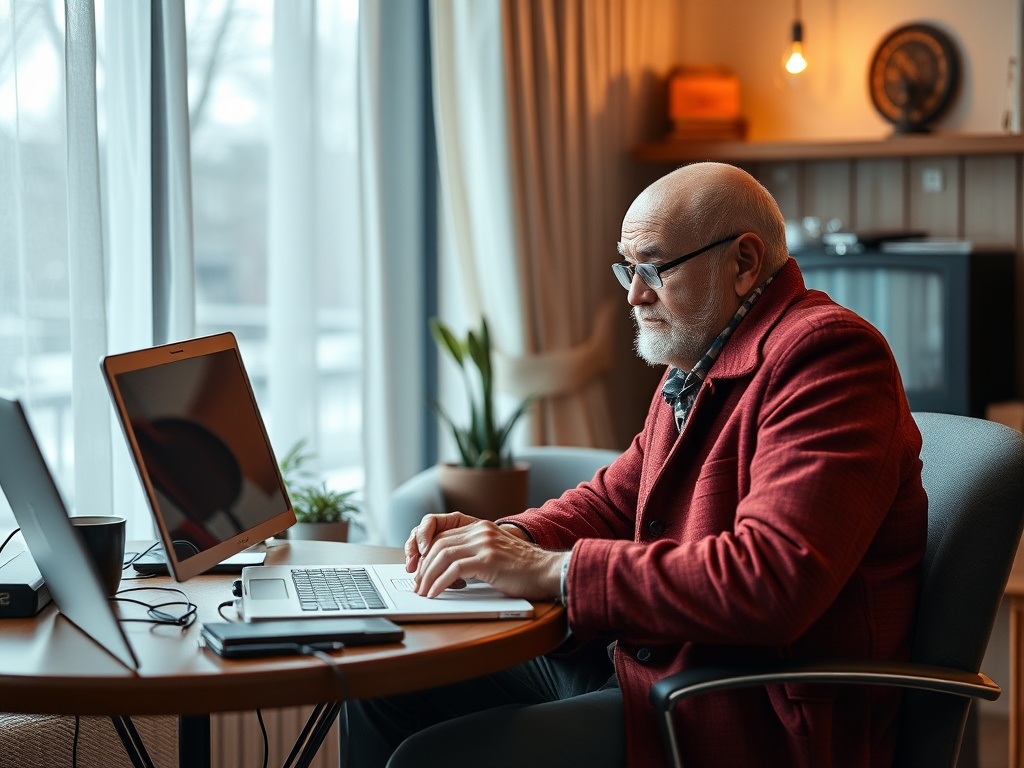 Пожилой мужчина в красном пальто работает за ноутбуком в светлом офисе с большими окнами.