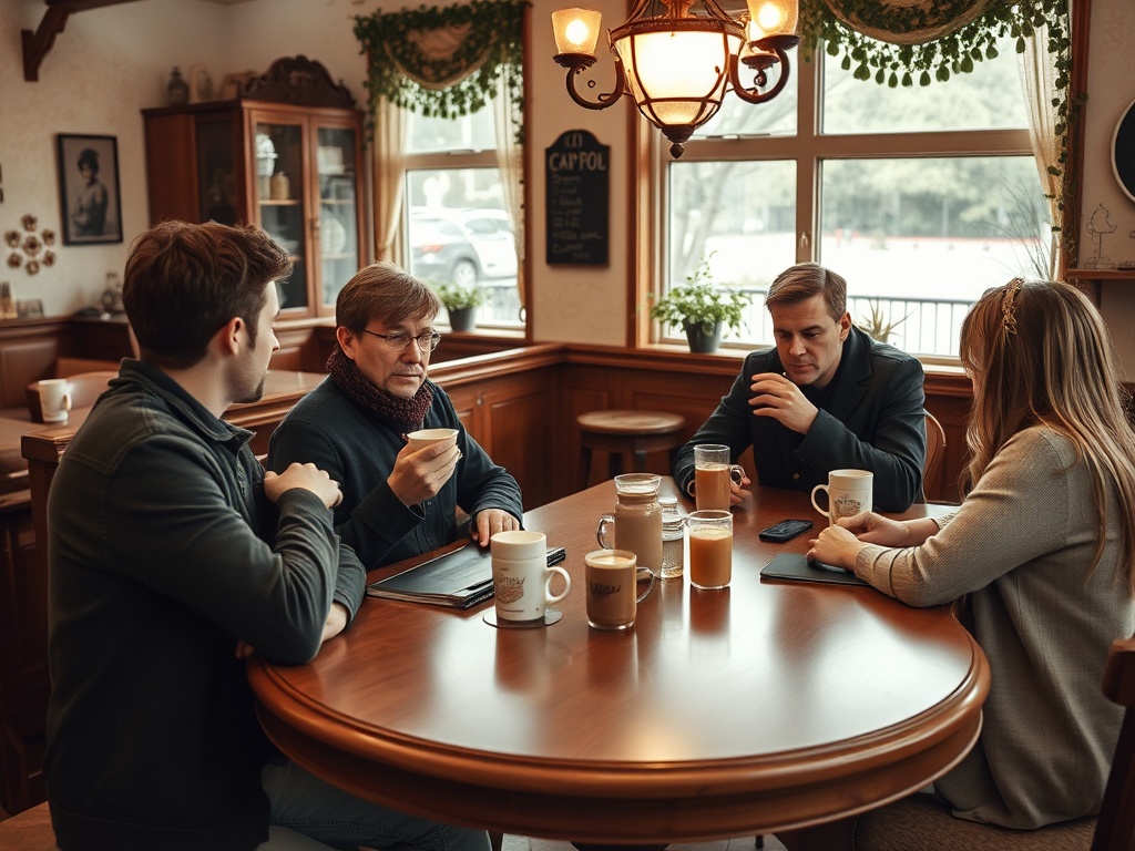Четыре человека общаются за круглым столом в уютной кафе с напитками. В комнате теплая обстановка.