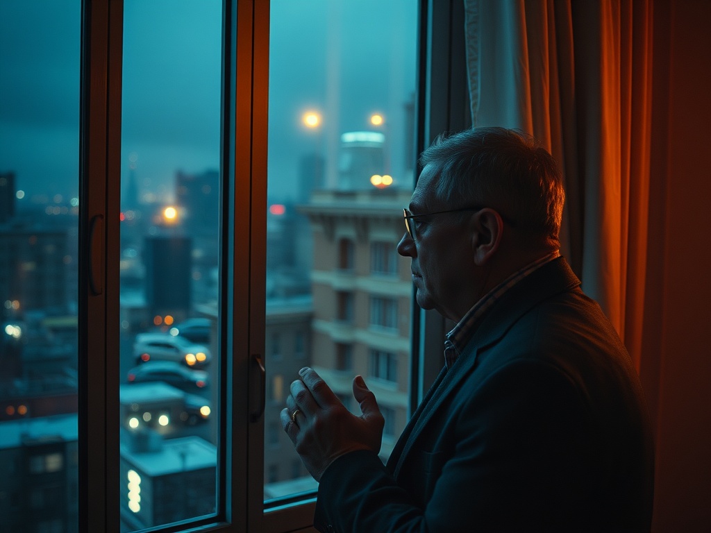 Мужчина смотрит в окно на город в ненастный вечер, задумчиво склонив голову и сложив руки.