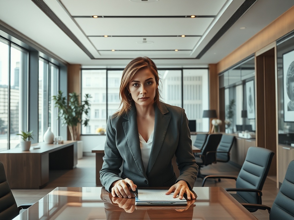 Женщина в деловом костюме стоит за столом в современном офисе с большими окнами и зелеными растениями.