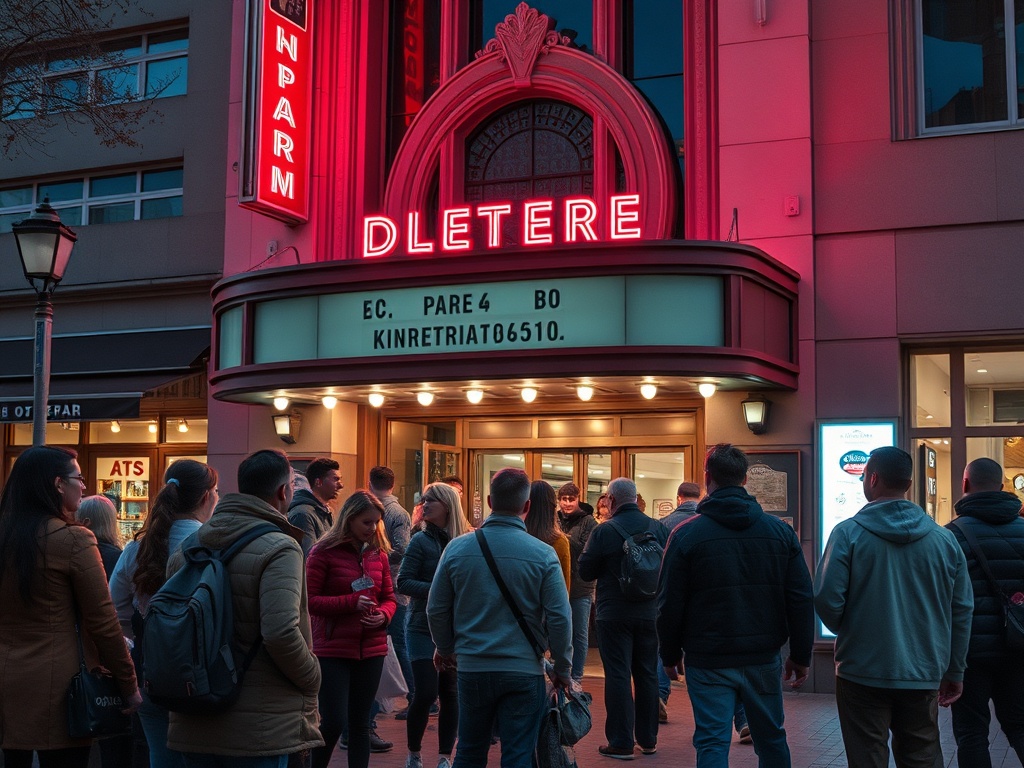 На улице толпа людей, ждущих у входа в кинотеатр с яркой неоновой вывеской. Вечернее освещение создает атмосферу.
