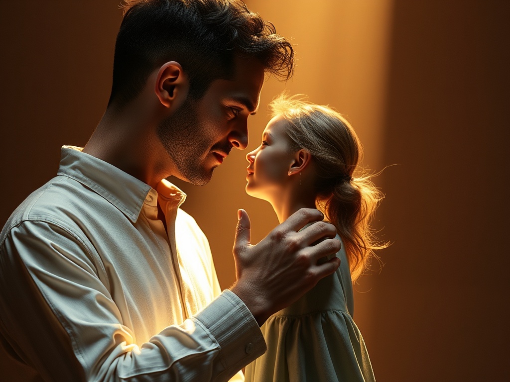 Отец и дочь обмениваются нежным взглядом в теплых тонах света. Мгновение любви и близости.