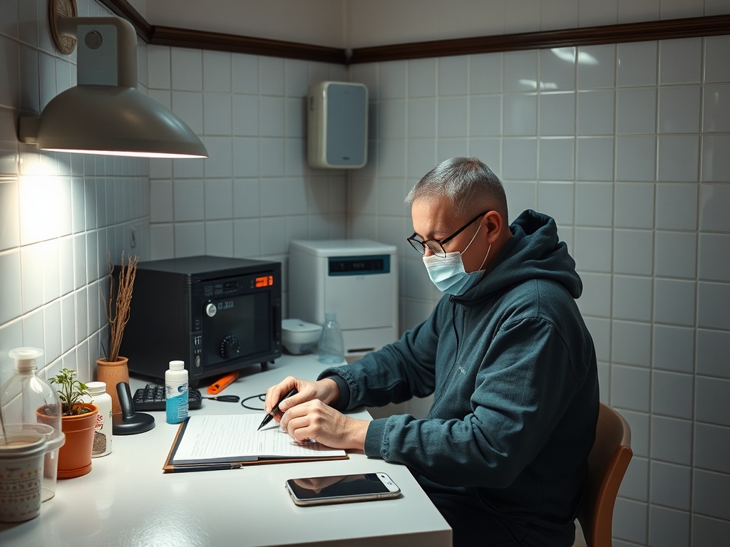Мужчина в маске записывает что-то за столом в освещенной кухне с бытовой техникой.
