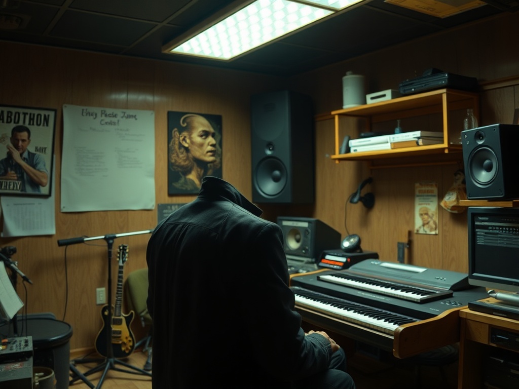 В студии записи музыки человек сидит спиной, в темной куртке, окруженный музыкальным оборудованием.