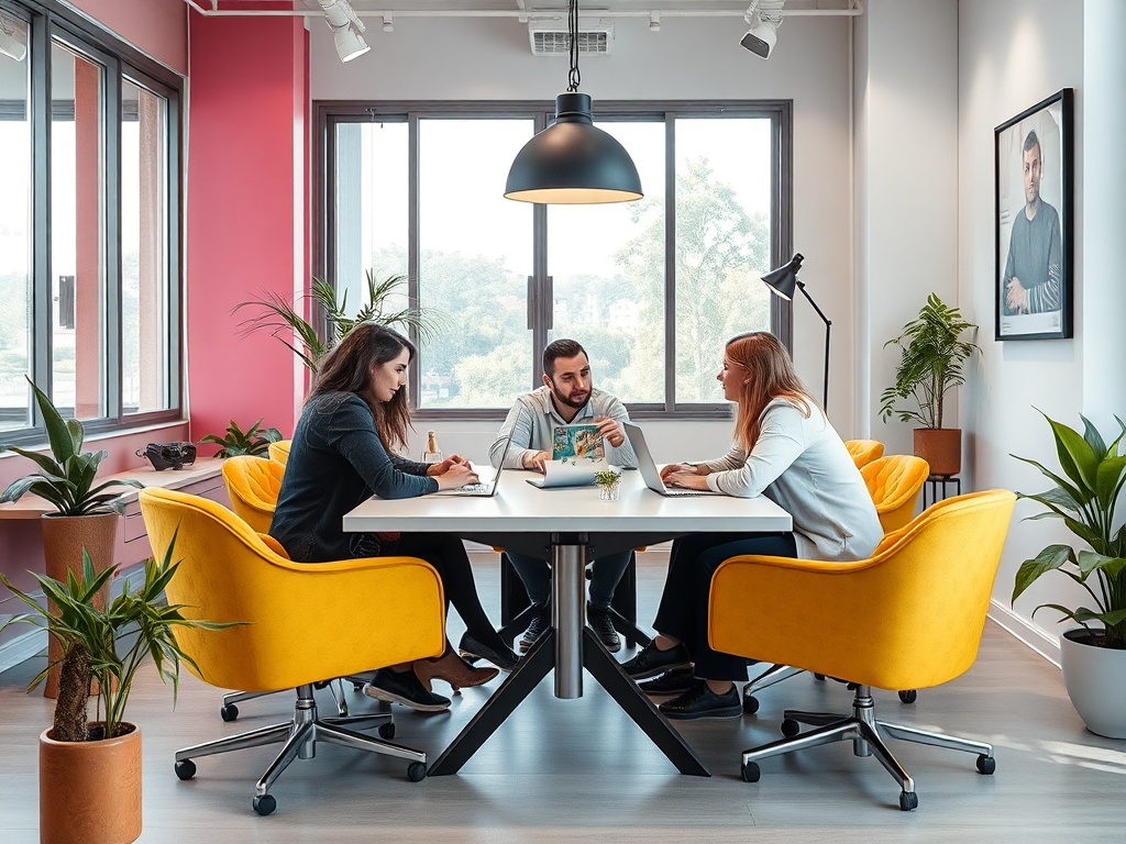 Четыре человека за круглым столом в современном офисе, обсуждают идеи и работают за ноутбуком.