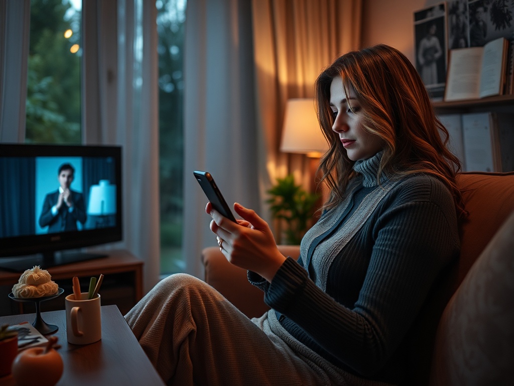 Женщина в уютной обстановке смотрит в телефон, рядом телевизор с мужчиной в строгом костюме.