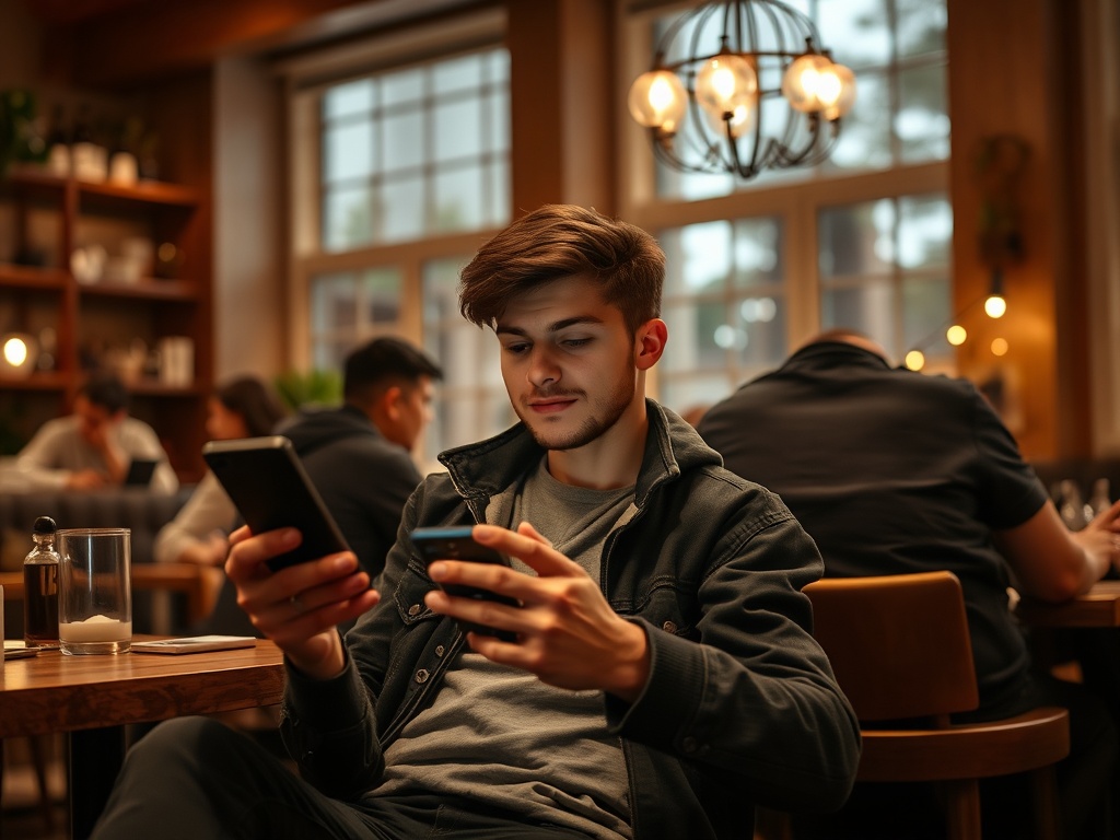 Молодой человек в кафе использует два устройства одновременно: смартфон и планшет. На фоне другие посетители.