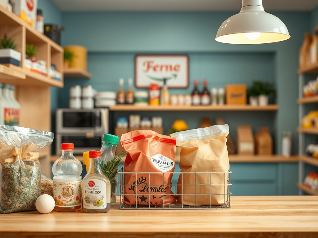 На столе в кухне находятся продукты: мука, специи, яйцо и различные соусы в бутылках. Фоновый шкаф с товарами.