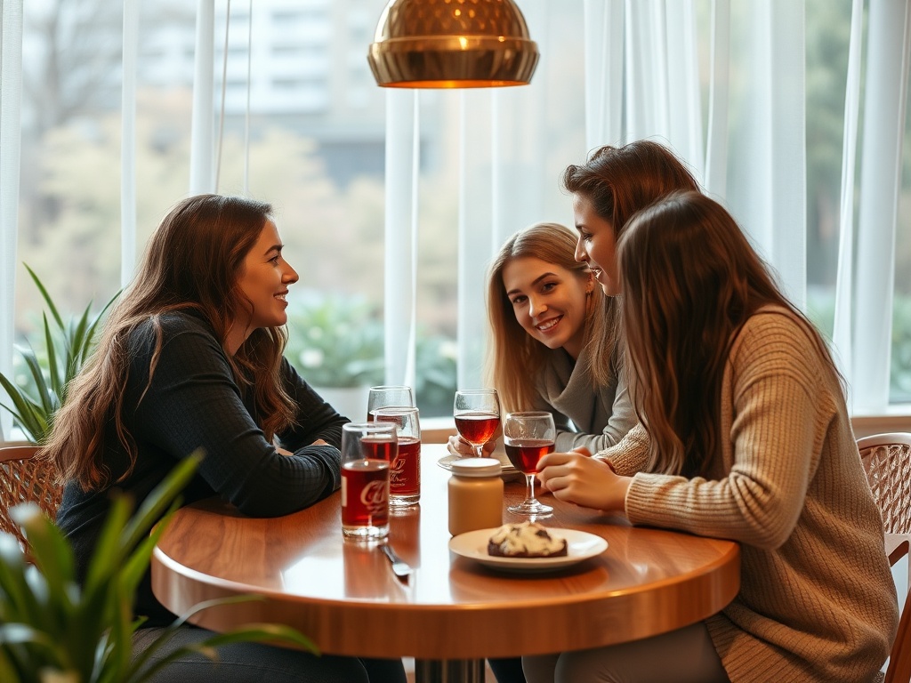 Четыре женщины смеются и общаются за столом, с напитками и десертом на столе, в уютной обстановке.