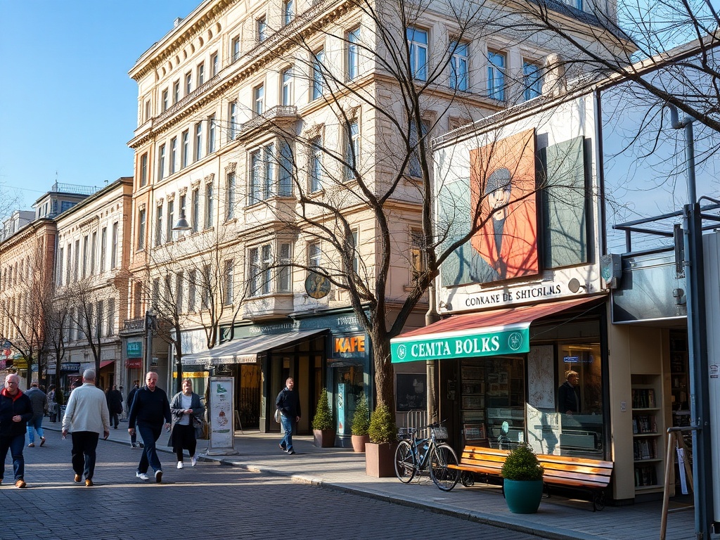 Улица с людьми, деревьями и зданиями, кафе и художественной рекламой. Солнечный день.