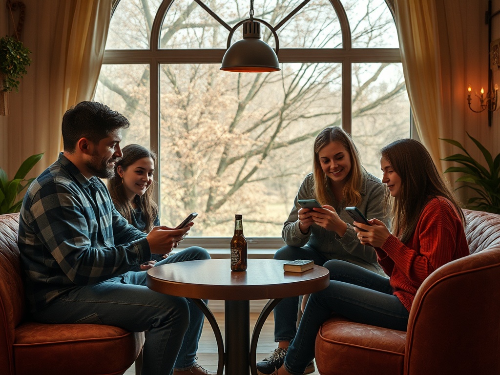 Четыре человека сидят за столом, используя телефоны. За окном виден пейзаж природы.