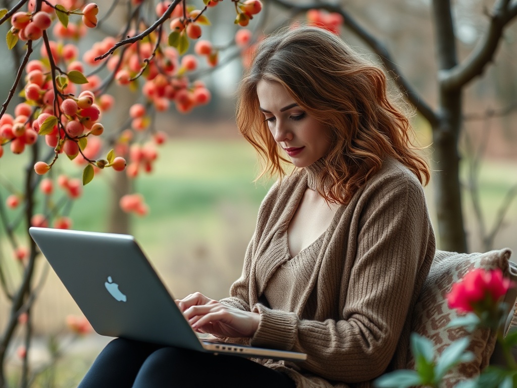 Женщина с красивыми локонами сидит на веранде и печатает на ноутбуке, окруженная цветами.