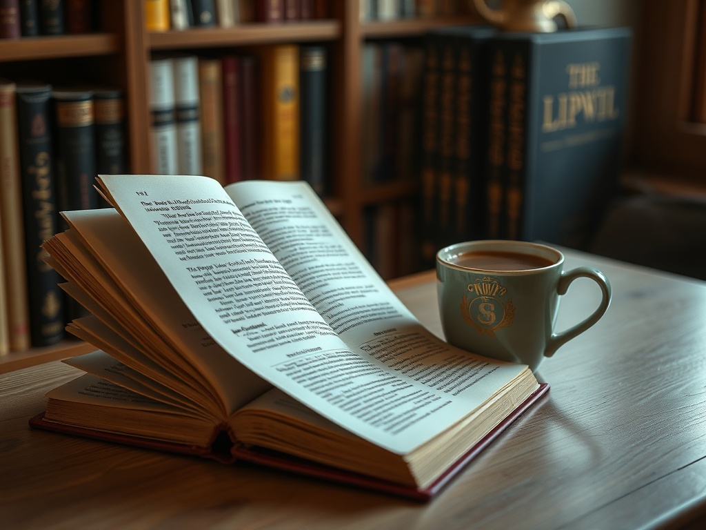 Открытая книга на деревянном столе рядом с чашкой кофе и полкой с книгами на заднем плане.