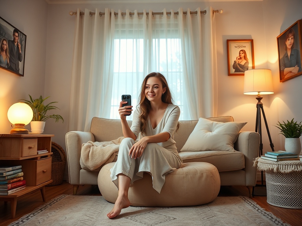 Молодая женщина в светлом наряде сидит на диване и смотрит на телефон в уютной комнате.