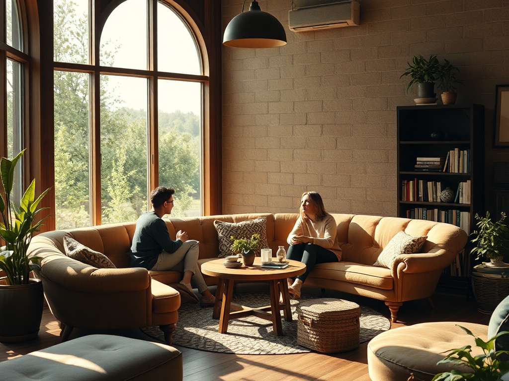 Два человека беседуют в уютной комнате с большими окнами и зелеными растениями.