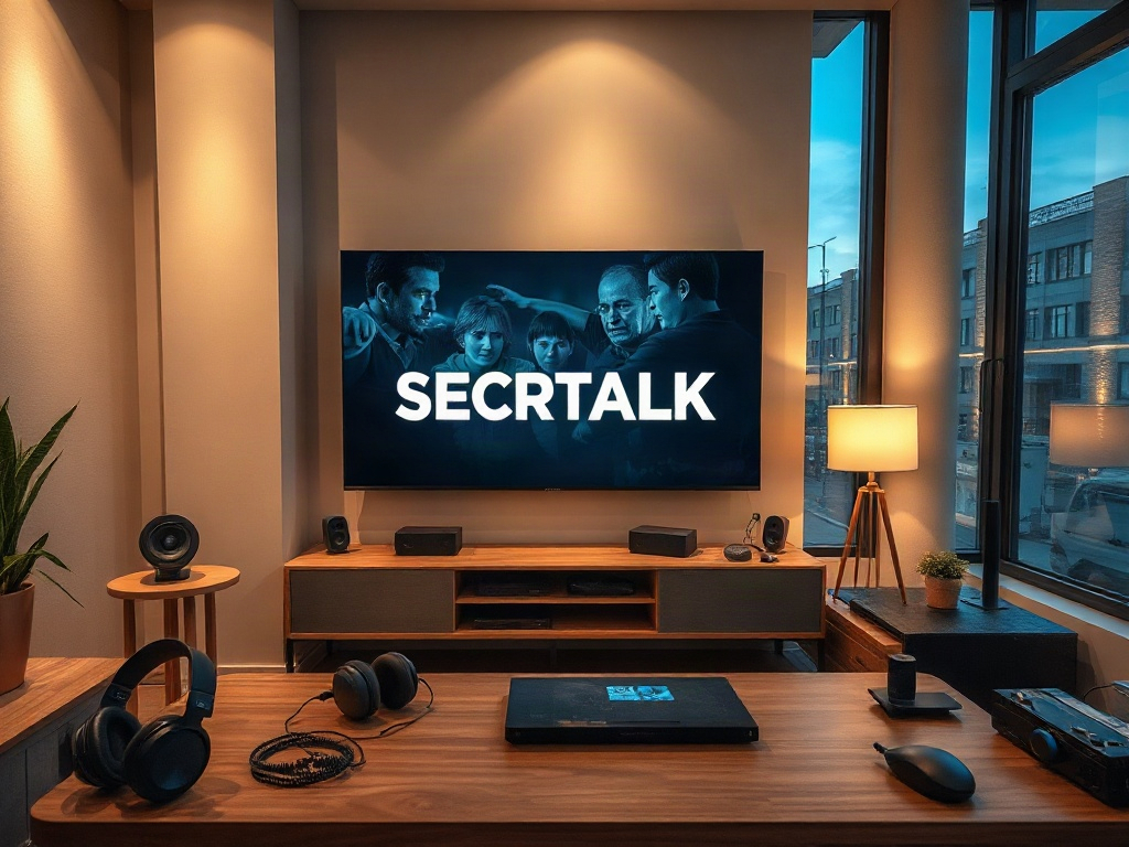 В комнате с телевизором, на экране написано "SECRTALK". Вокруг - аудиотехника и уютная обстановка.